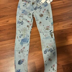 NWT_MOTHER Women's Skinny Jeans - Light Blue with Multicolor Print